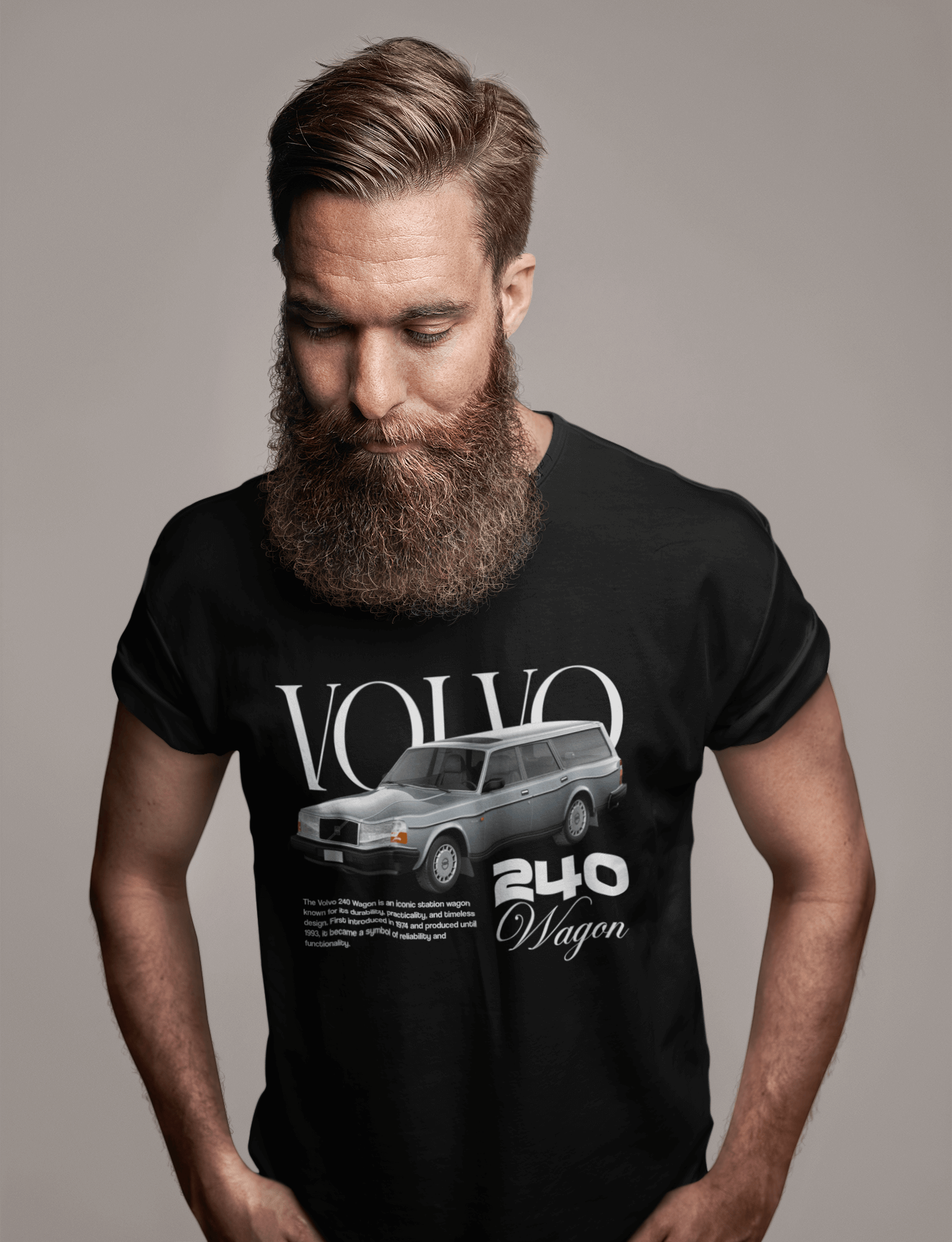 Volvo 240 Wagon Graphic T-Shirt — Classic Swedish Brick showcasing a man wearing the shirt with bold typography.