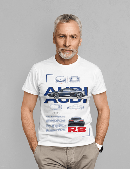 Audi R8 Coupe Graphic T‑Shirt — Photo & Line Sketch
