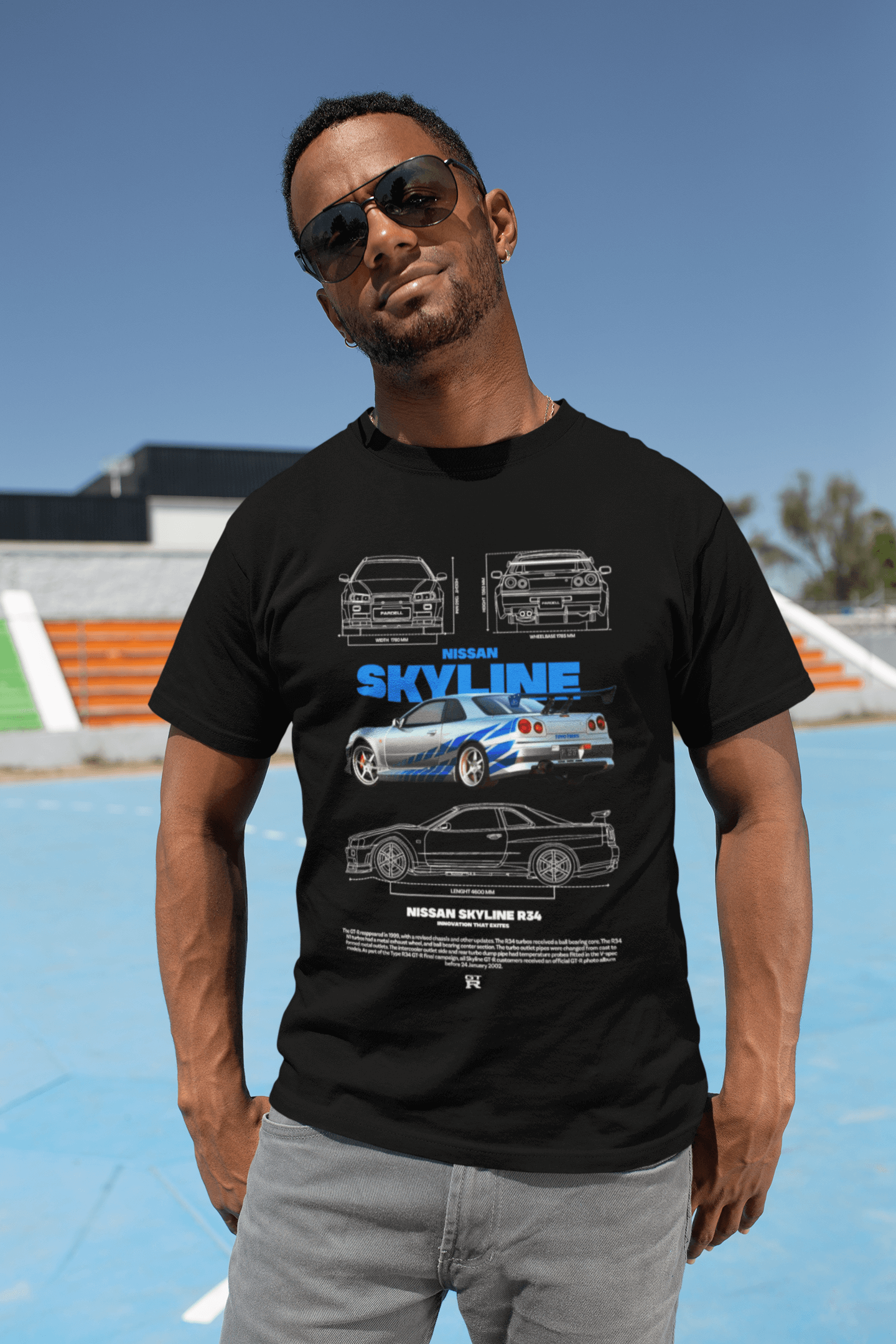 Nissan Skyline R34 Graphic T-Shirt — Blue Stripes Blueprint JDM Style