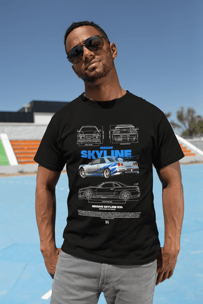 Nissan Skyline R34 Graphic T-Shirt — Blue Stripes Blueprint JDM Style