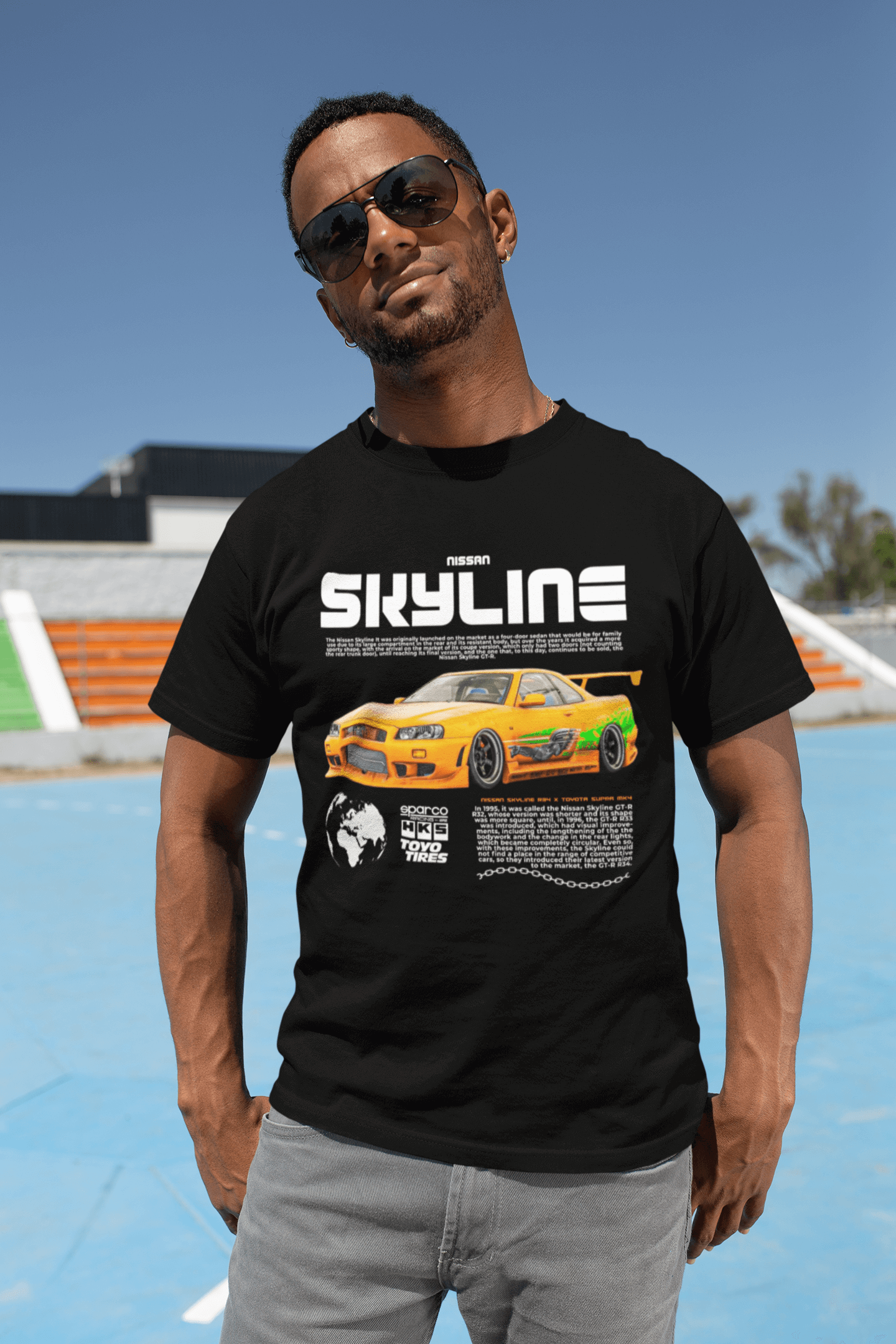 Nissan Skyline R34 Graphic T-Shirt — Yellow Street Car Skyline Poster