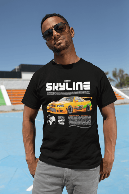 Nissan Skyline R34 Graphic T-Shirt — Yellow Street Car Skyline Poster