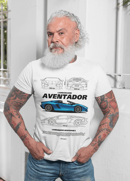 Lamborghini Aventador S Graphic T-Shirt — Photo & Line Sketch (Blue)