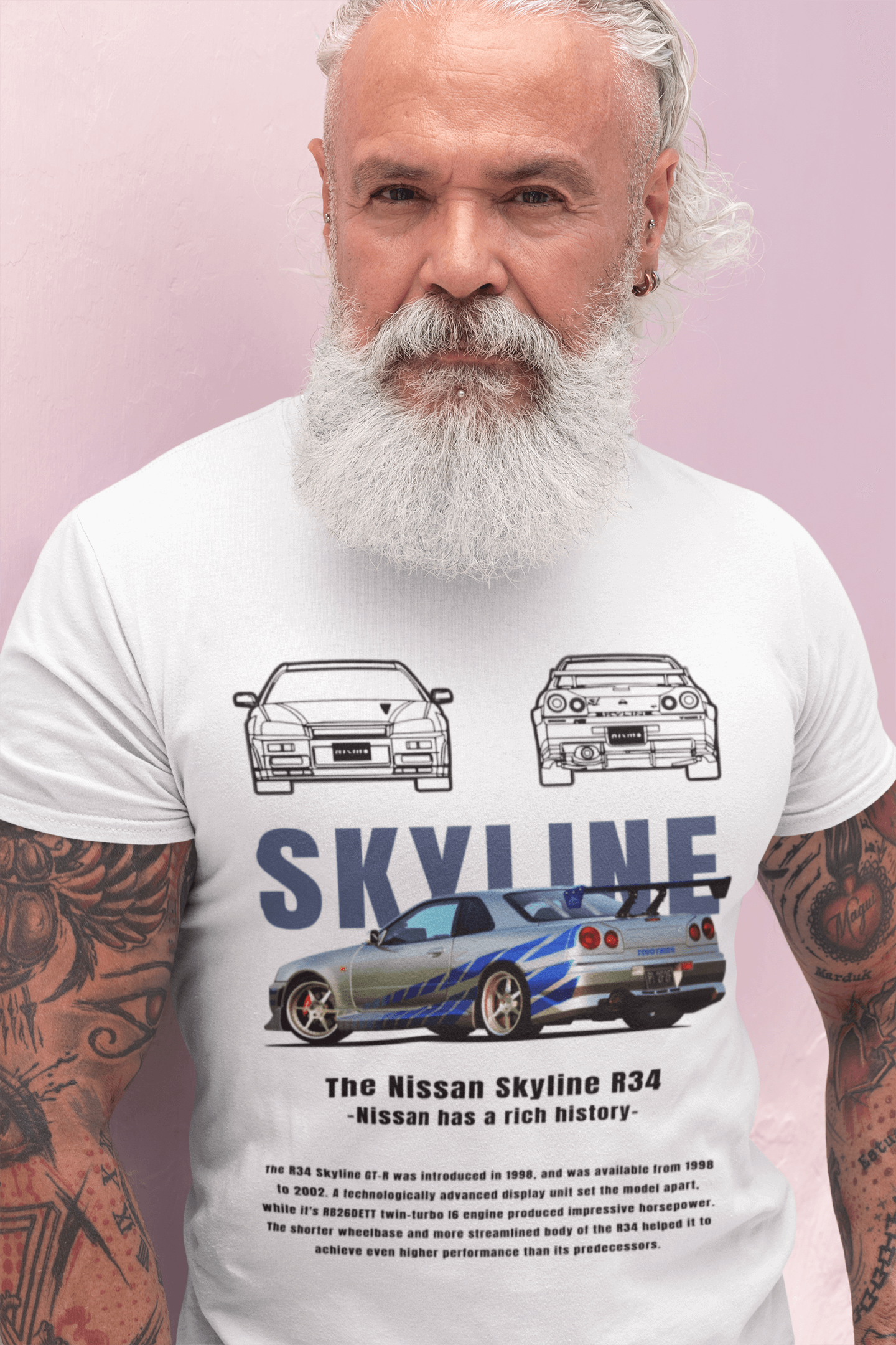 Nissan Skyline R34 Graphic T-Shirt — Skyline Text & Street Car Poster