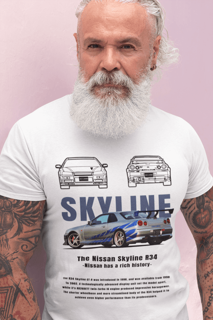 Nissan Skyline R34 Graphic T-Shirt — Skyline Text & Street Car Poster