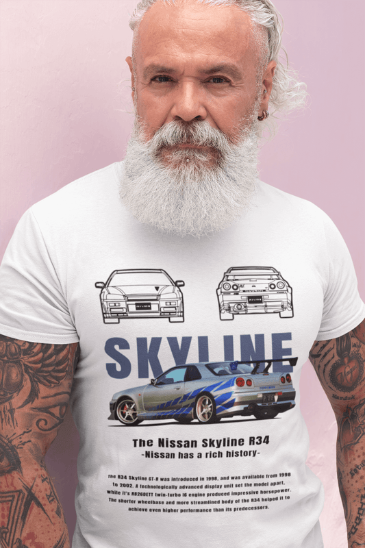Nissan Skyline R34 Graphic T-Shirt — Skyline Text & Street Car Poster