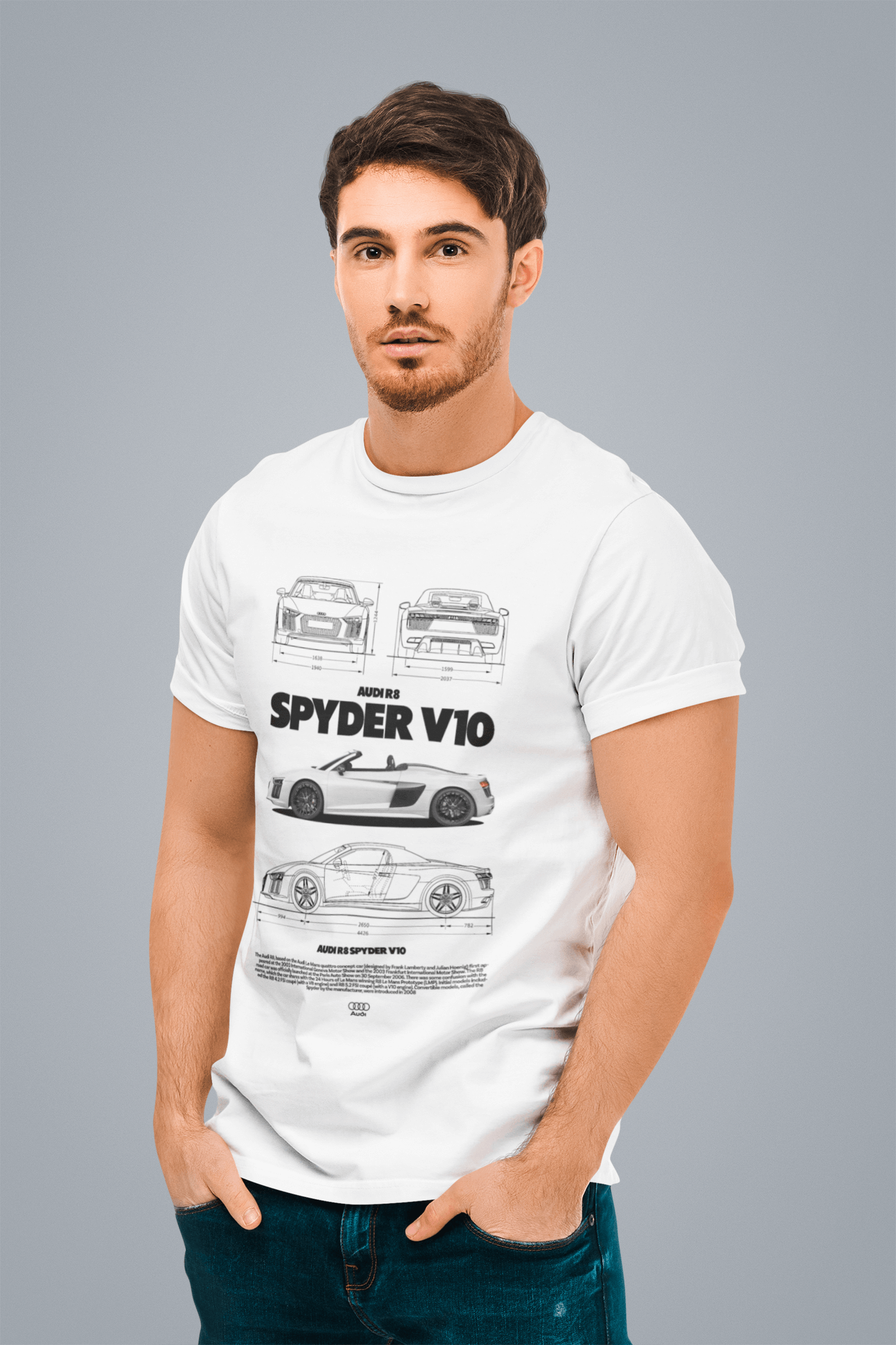 Audi R8 Spyder V10 Graphic T‑Shirt — Photo & Line Diagram