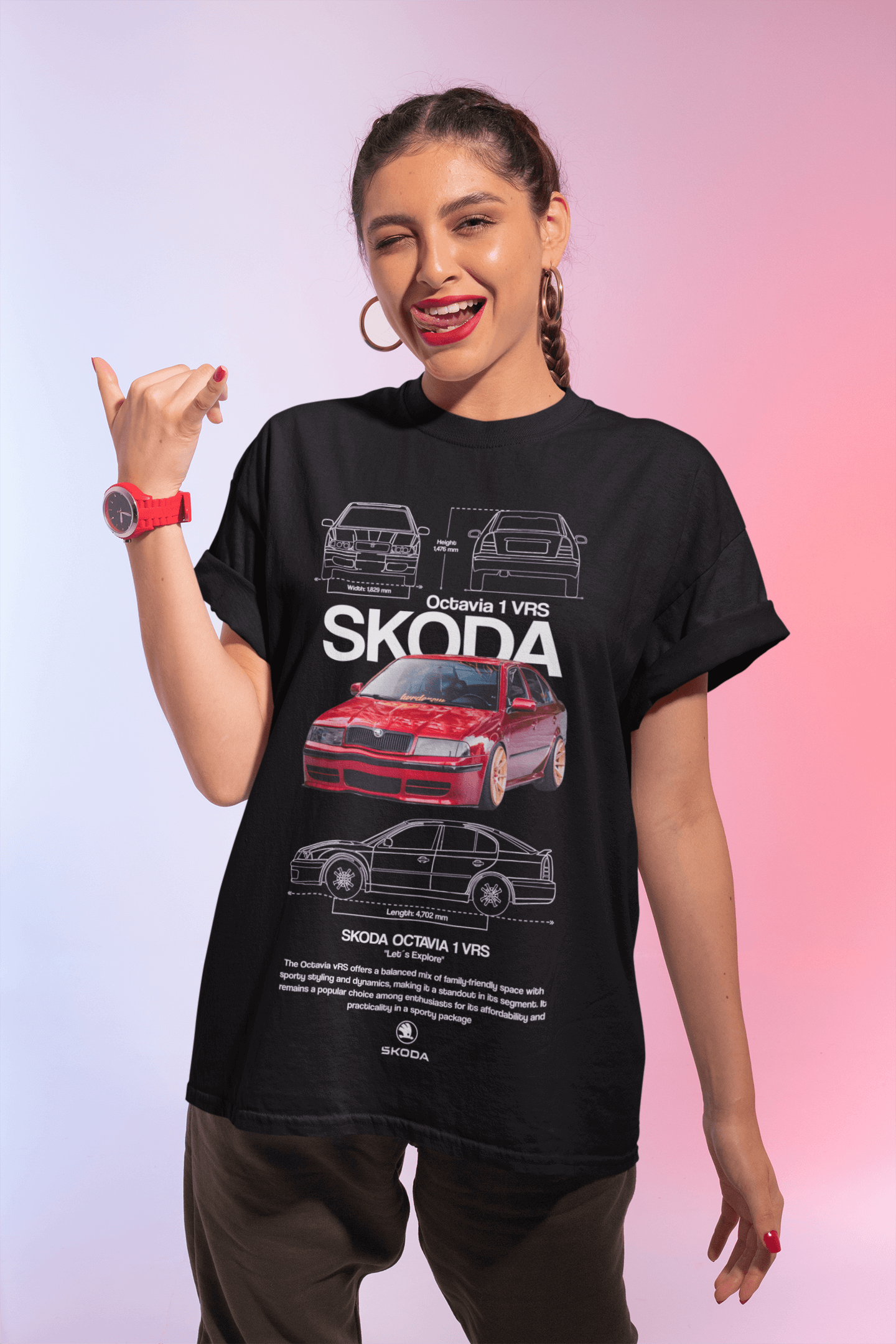 Skoda Octavia 1 vRS graphic tee worn by a woman, showcasing a red Skoda Octavia 1 vRS against a blueprint background.