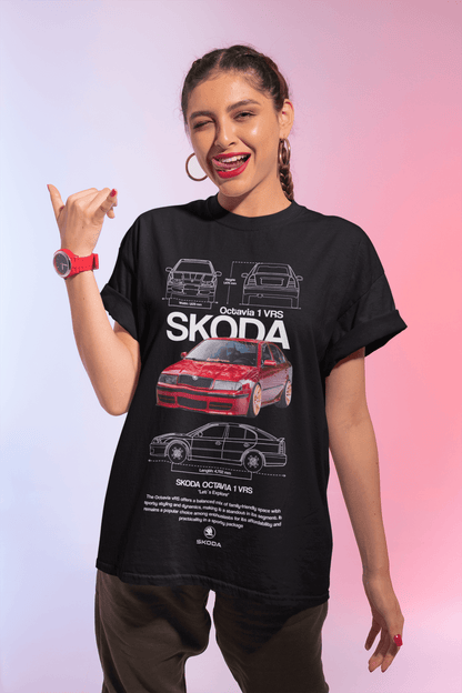 Skoda Octavia 1 vRS graphic tee worn by a woman, showcasing a red Skoda Octavia 1 vRS against a blueprint background.