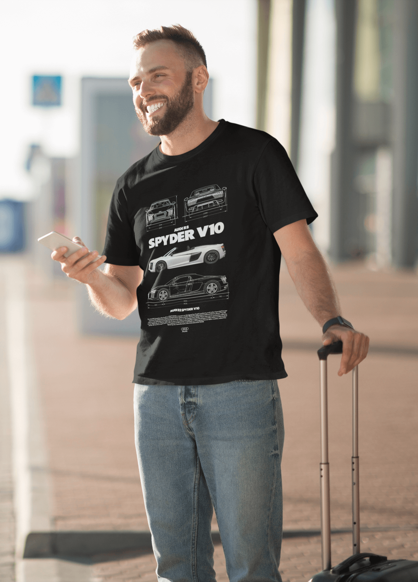 Audi R8 Spyder V10 Graphic T‑Shirt — Photo & Line Diagram