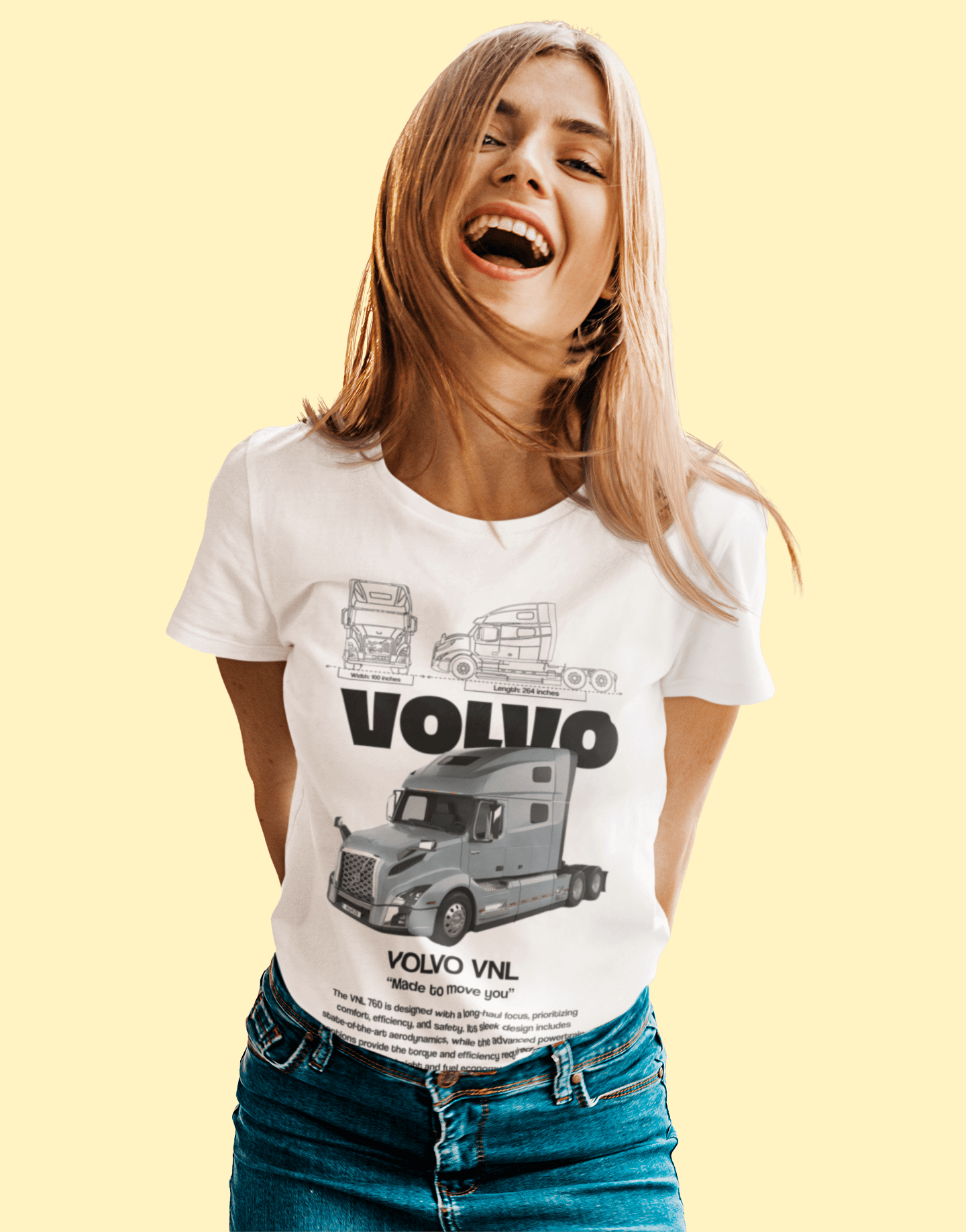 Volvo VNL 760 Graphic T-Shirt worn by a woman, featuring truck graphics and unisex design on a light background.