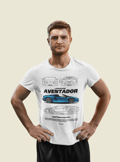 Lamborghini Aventador S Graphic T-Shirt — Photo & Line Sketch (Blue)