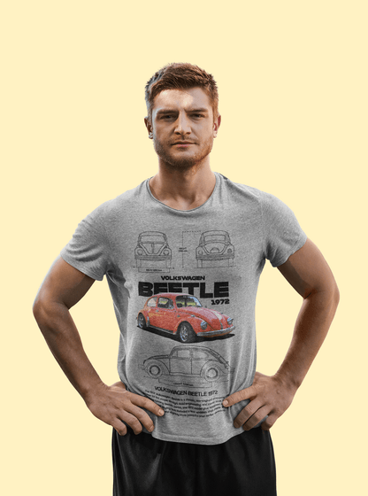 1972 Volkswagen Beetle "Vivid Orange" Technical Blueprint Tee - Classic Air-Cooled Bug Graphic T-Shirt