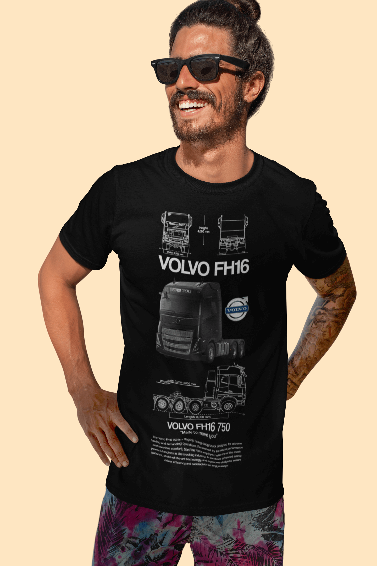 Volvo FH16 750 Graphic T-Shirt featuring blueprint and photo design on a model wearing black tee.