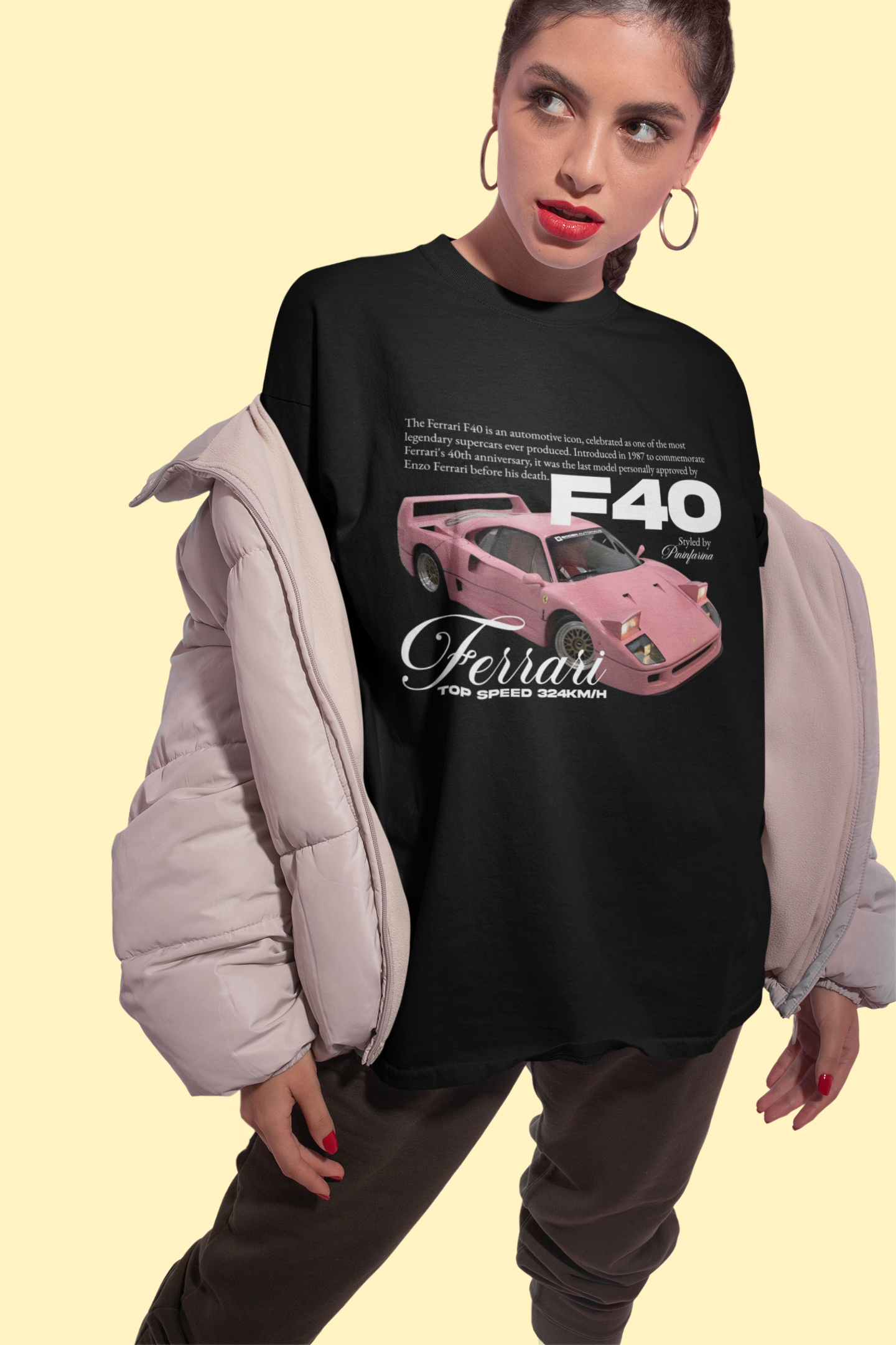 Ferrari F40 Retro Magazine Graphic T-Shirt — Pink Supercar