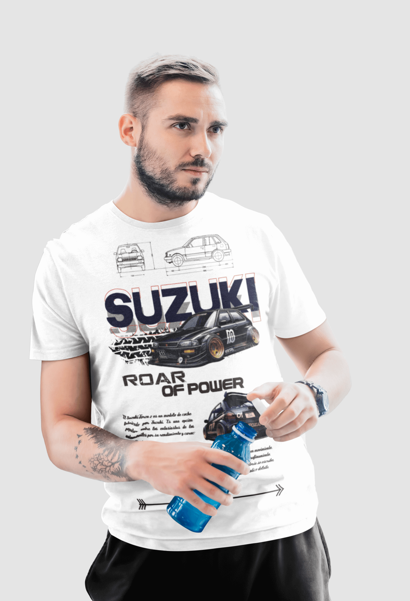 Man wearing Suzuki Swift Graphic tee with bold SUZUKI lettering and ‘Roar of Power’ slogan, showcasing a tuned Suzuki Swift design.