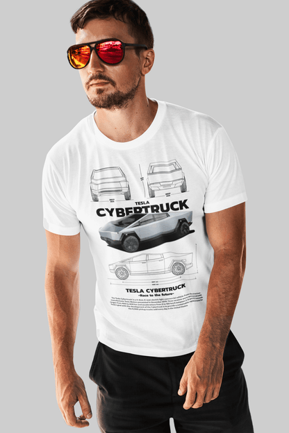 Tesla Cybertruck "Race to the Future" Technical Blueprint Tee - Futuristic EV Graphic T-Shirt
