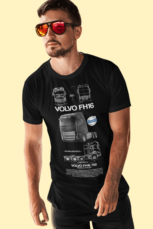 Volvo FH16 750 Graphic T-Shirt showcasing truck blueprints and 3/4 photo on a model with sunglasses.