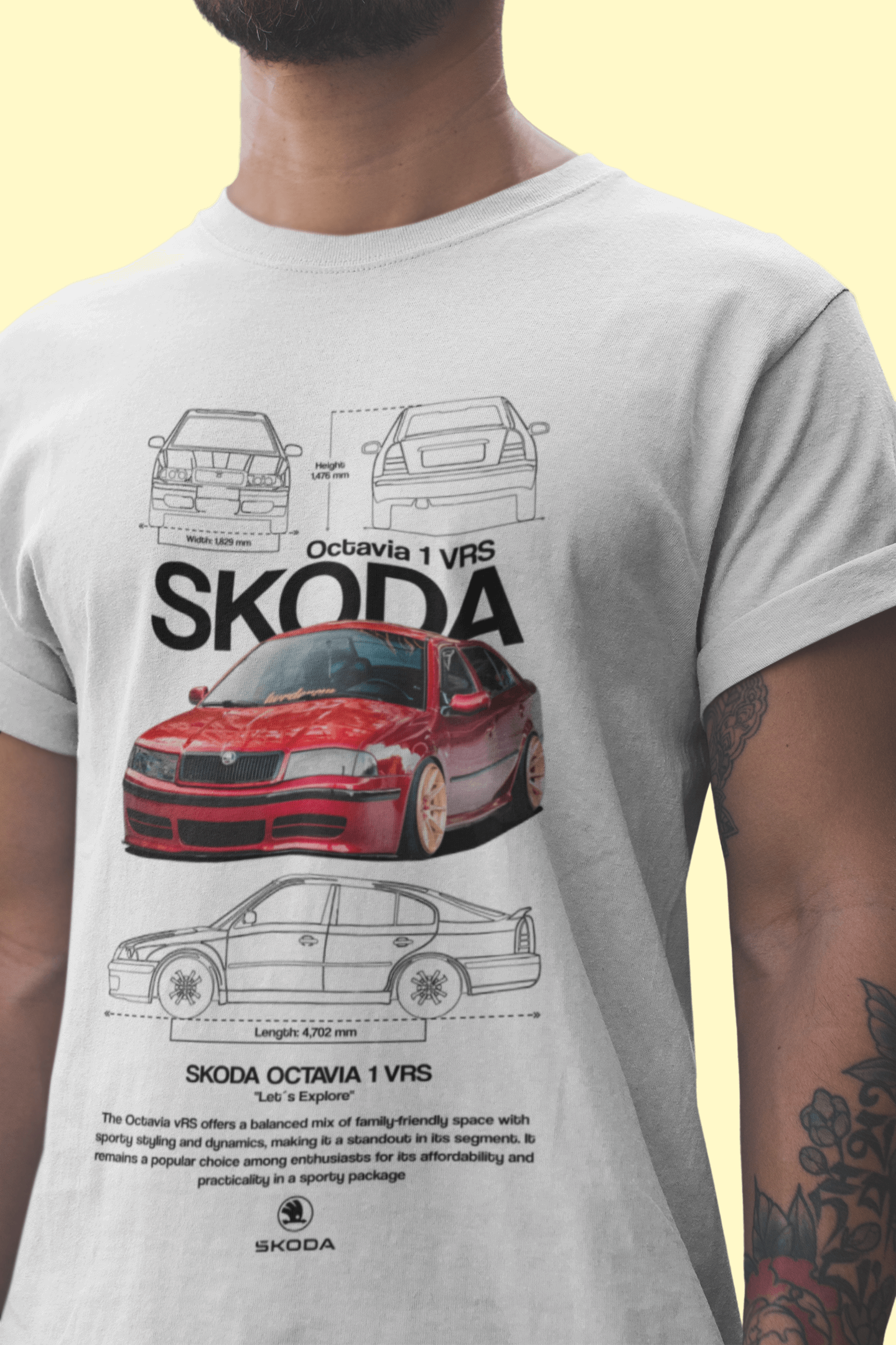 Skoda Octavia 1 vRS graphic tee worn by a man, showcasing a red Skoda Octavia 1 vRS against a blueprint background.