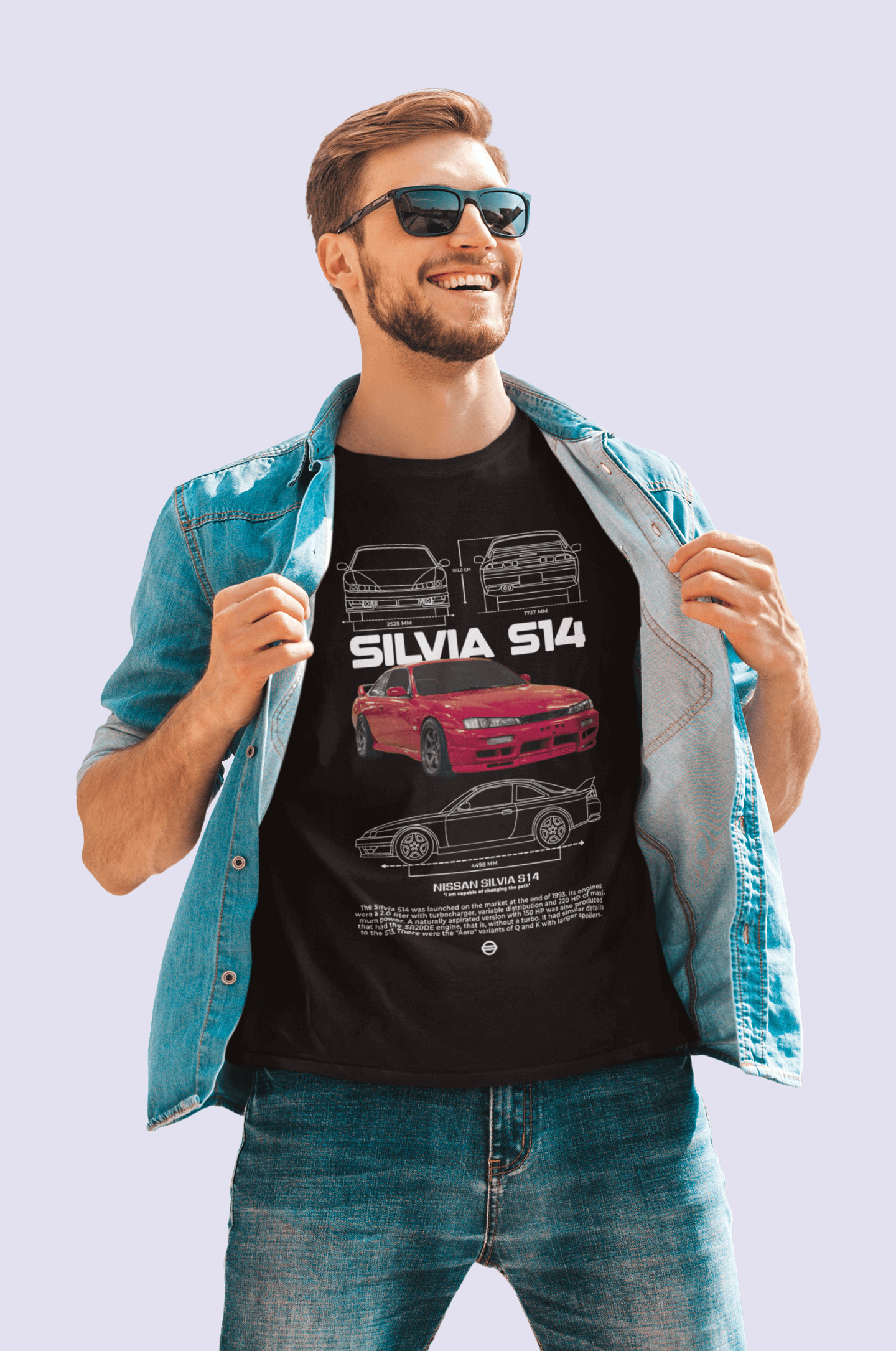 Nissan Silvia S14 Graphic T-Shirt — Photo & Line Sketch (Red)