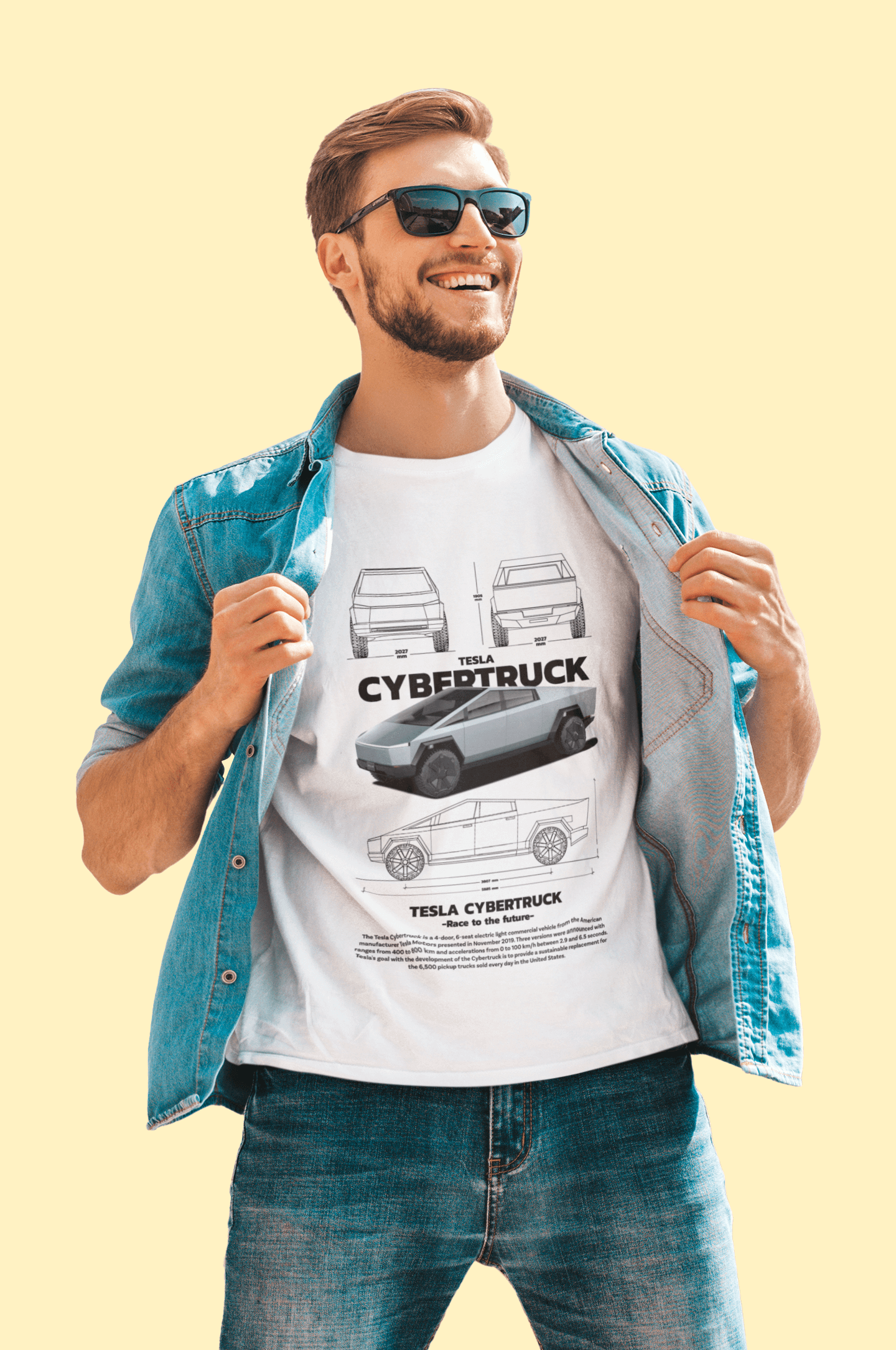 Tesla Cybertruck "Race to the Future" Technical Blueprint Tee - Futuristic EV Graphic T-Shirt