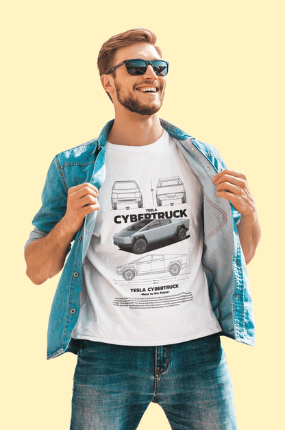 Tesla Cybertruck "Race to the Future" Technical Blueprint Tee - Futuristic EV Graphic T-Shirt