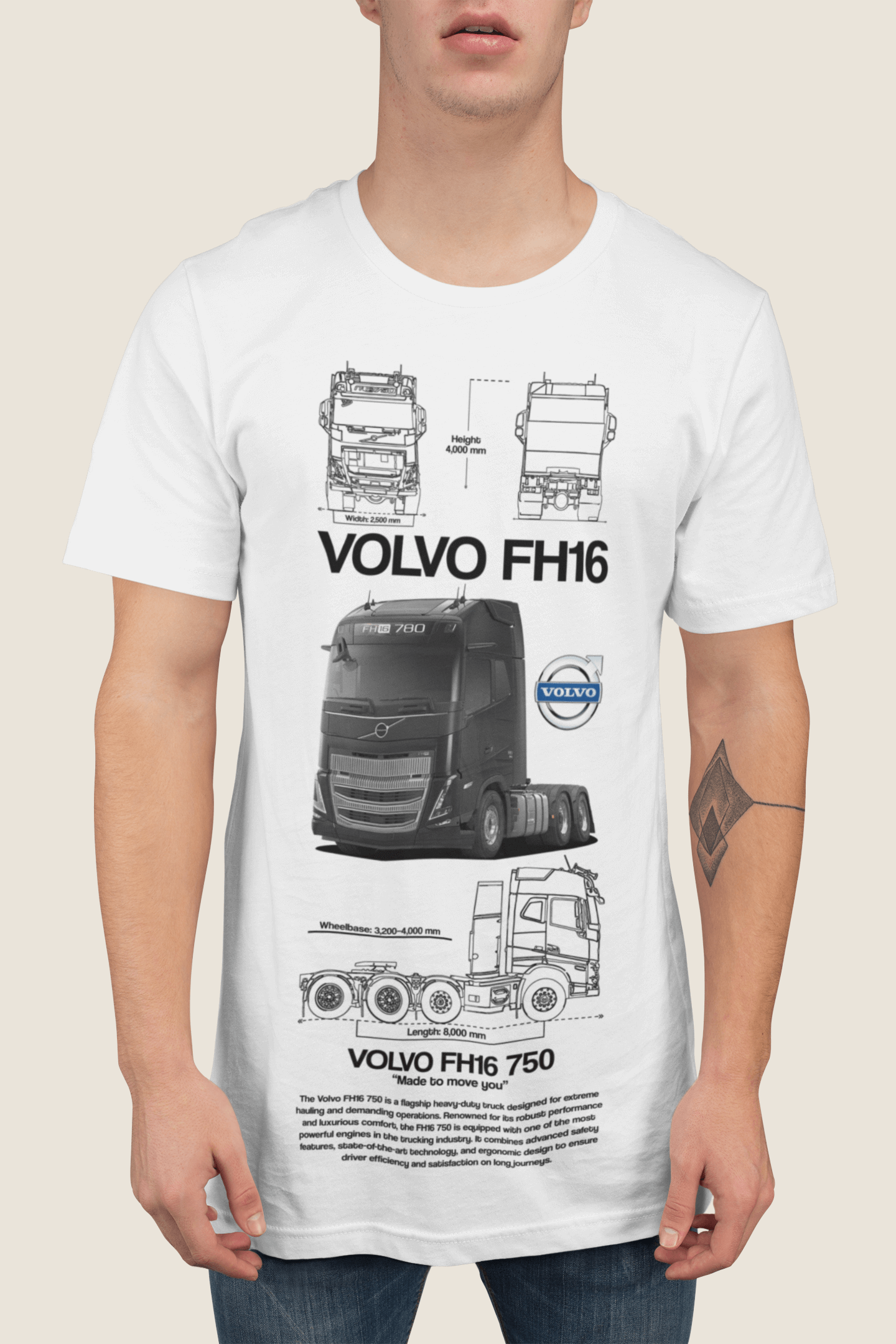 Volvo FH16 750 Graphic T-Shirt showcasing truck blueprints and 3/4 photo on a model with sunglasses.