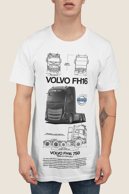 Volvo FH16 750 Graphic T-Shirt showcasing truck blueprints and 3/4 photo on a model with sunglasses.