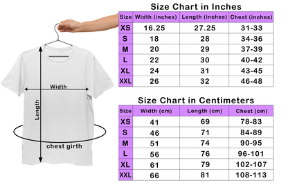 T-shirt size chart comparison in inches and centimeters, showing width, length, and chest measurements for sizes XS to XXL. Includes a visual illustration of a white t-shirt with labeled dimensions for width, length, and chest girth.
