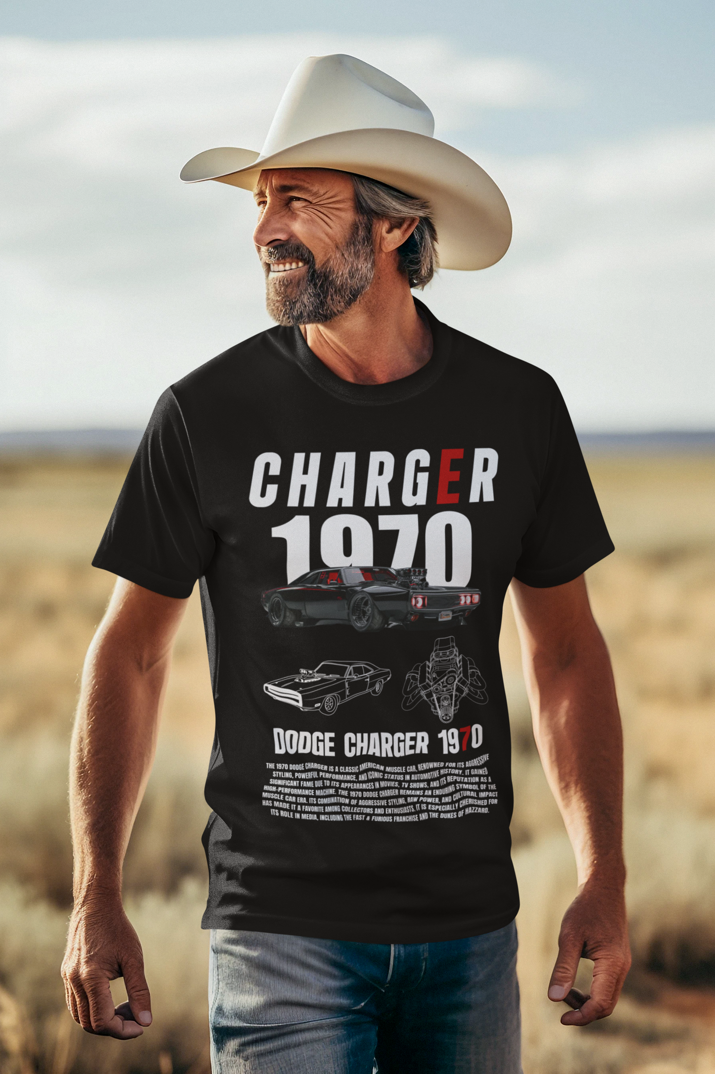 Dodge Charger 1970 Graphic T-Shirt — Photo & Line Sketch