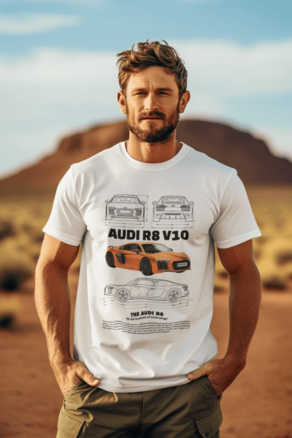 Audi R8 V10 Graphic T‑Shirt — Orange Poster & Blueprint