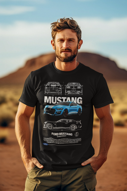 Ford Mustang GT500 Graphic T‑Shirt — Photo & Line Sketch