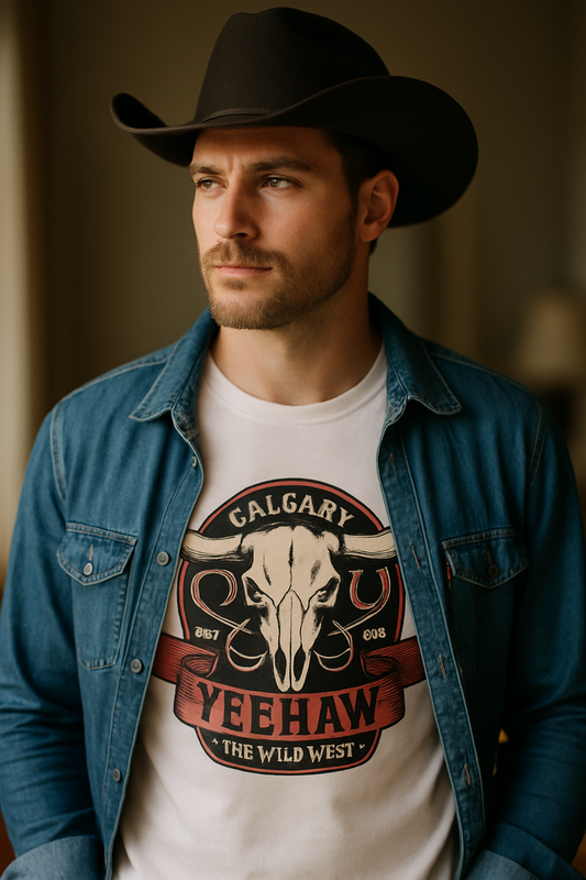 Yeehaw Calgary 2026 Longhorn western t-shirt — rugged man in cowboy hat and open denim jacket wearing white tee with longhorn skull print