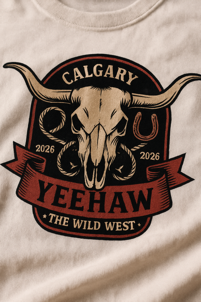 Yeehaw Calgary 2026 Longhorn print close-up — longhorn steer skull emblem on white cotton, CALGARY YEEHAW 2026 THE WILD WEST