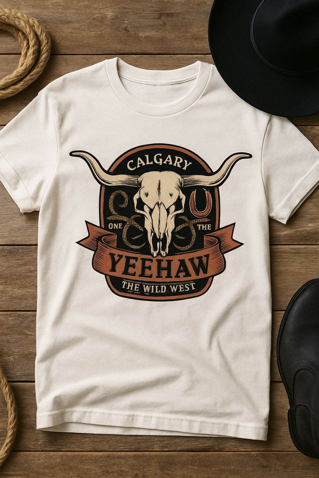 Yeehaw Calgary 2026 Longhorn white t-shirt flat-lay on rustic wood with black cowboy hat and rope