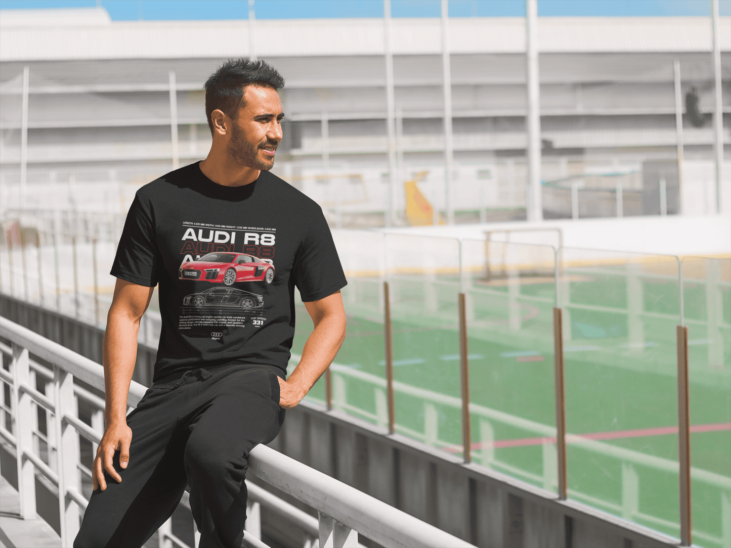 Audi R8 Graphic T‑Shirt — Red Supercar Poster & Blueprint