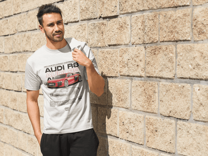 Audi R8 Graphic T‑Shirt — Red Supercar Poster & Blueprint