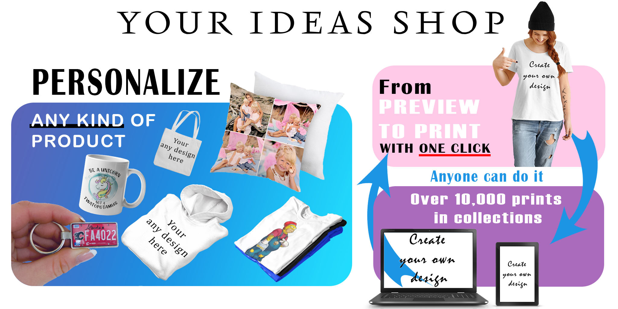 Promotional graphic for 'Your Ideas Shop' showcasing personalized products, including a mug, keychain, tote bag, pillow, t-shirts, and hoodies. Highlights the ease of customization with text like 'Personalize any kind of product' and 'From preview to print with one click'. Includes a smiling woman wearing a custom t-shirt and a laptop with the option to create your own design